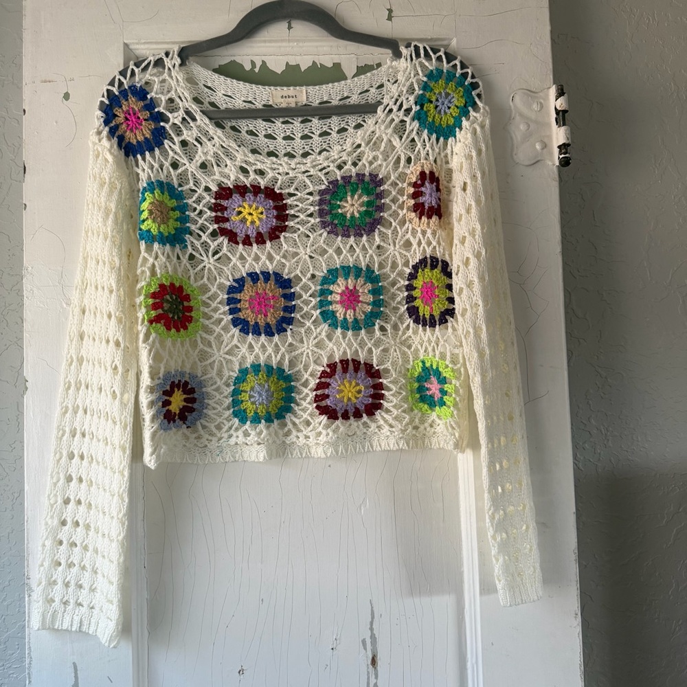 Debut XS Crochet Granny Square Sweater Boho Festival Crop Top